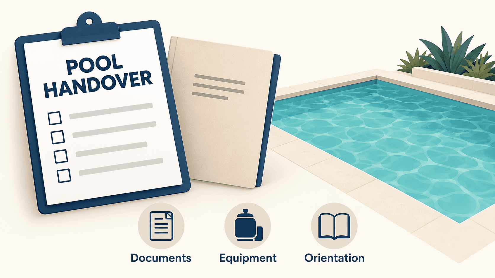Pool handover checklist illustration with documents, equipment and orientation symbols